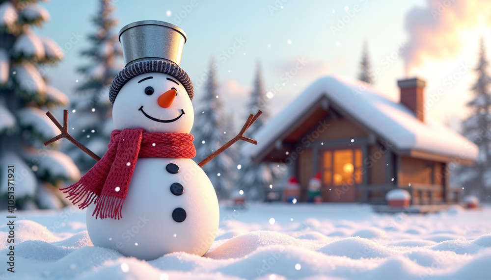 Obraz premium Snowman adorned with a shiny silver bucket on his head, surrounded by soft white snow and falling snowflakes. The snowman has a cheerful expression, with a vibrant red scarf. In the background
