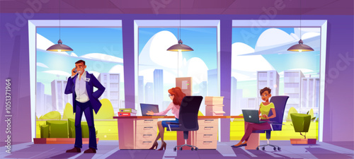 People working in company office. Vector cartoon illustration of male boss talking on phone, female managers working on laptops, sitting at desks with documents, modern summer cityscape view in window