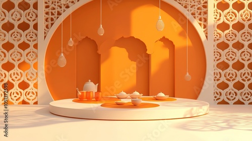 food for sarakosti, food on stage round podium with nice and creative symbols on color background for design and advertising photo
