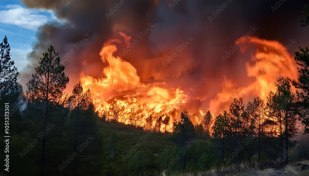 Fiery inferno engulfs the once lush forest Fiery inferno engulfs the once lush forest