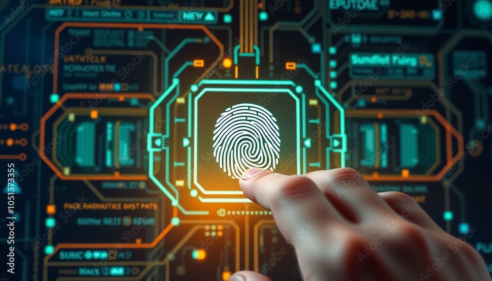 Fototapeta premium Hand Scanning Fingerprint on a Futuristic Digital Interface