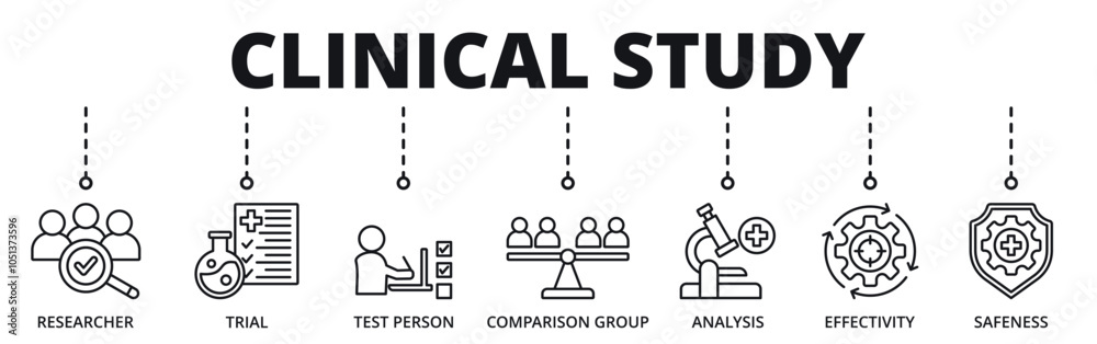 Naklejka premium Clinical study banner web icon for business with researcher, trial, test person, comarison group, analysis, effectivity, safeness