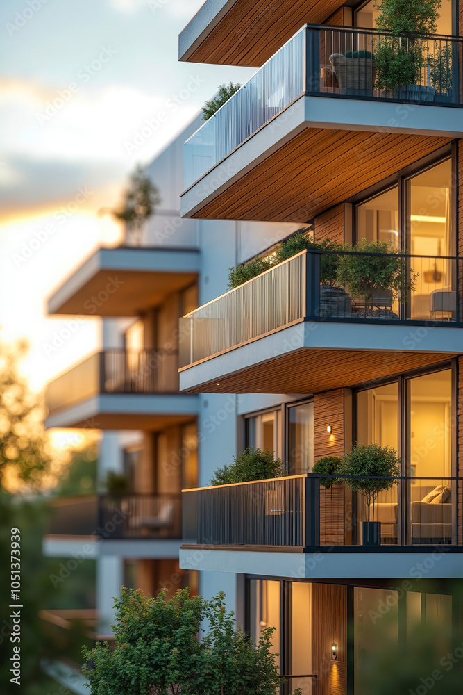 Fototapeta premium A modern multi-story building with balconies, featuring a combination of white and brown exterior walls, large windows, and outdoor furniture