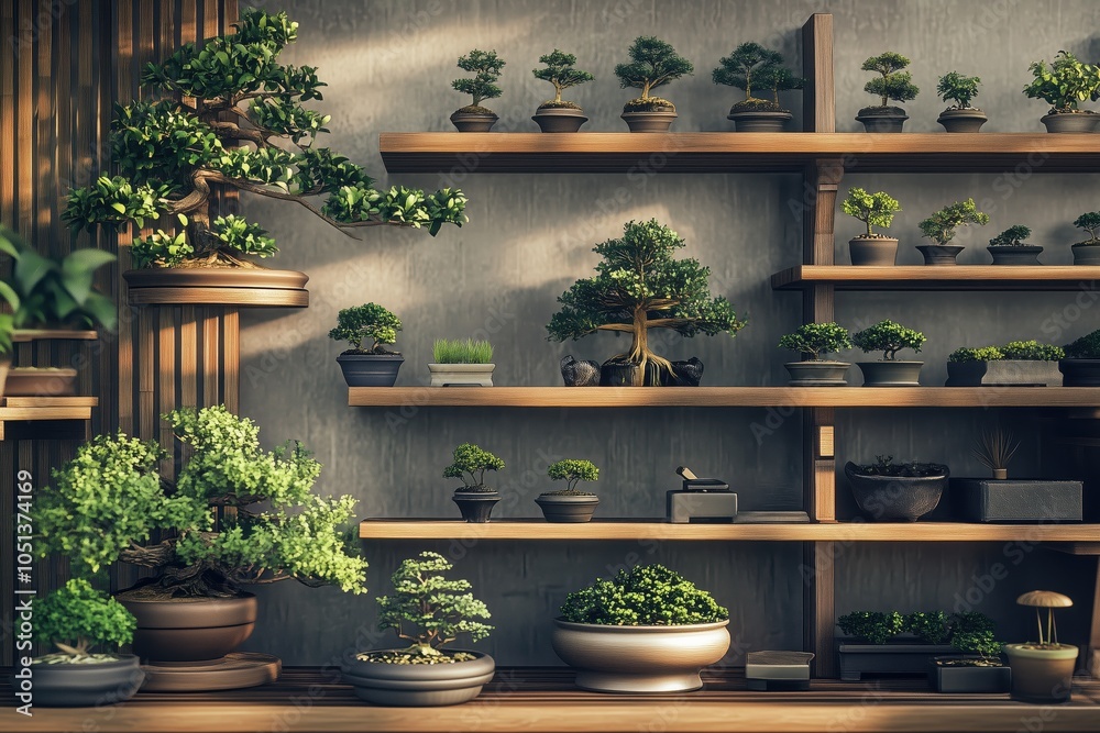 Detailed Bonsai Trees on Display in Elegant Shop Detailed Bonsai Trees on Display in Elegant Shop
