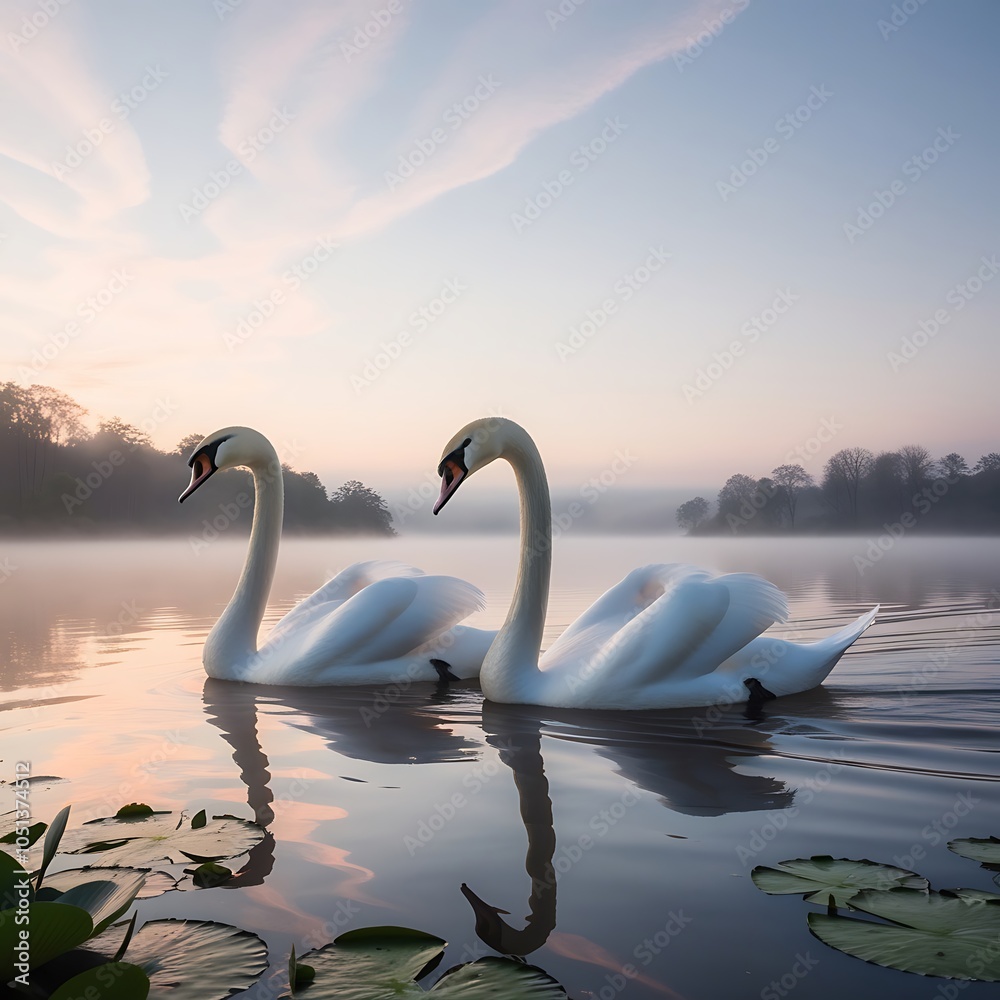 Fototapeta premium Capture the serene beauty of nature with this stunning high-resolution image of a pair of graceful swans gliding across a misty lake at sunrise.