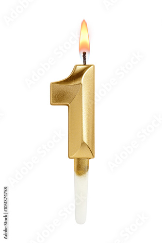 Golden decorated burning birthday candle digit one shaped. Transparent PNG image.