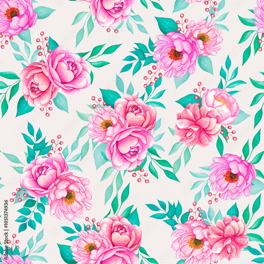 seamless pattern with flowers and leaves with watercolor illustrations seamless pattern with flowers and leaves with watercolor illustrations