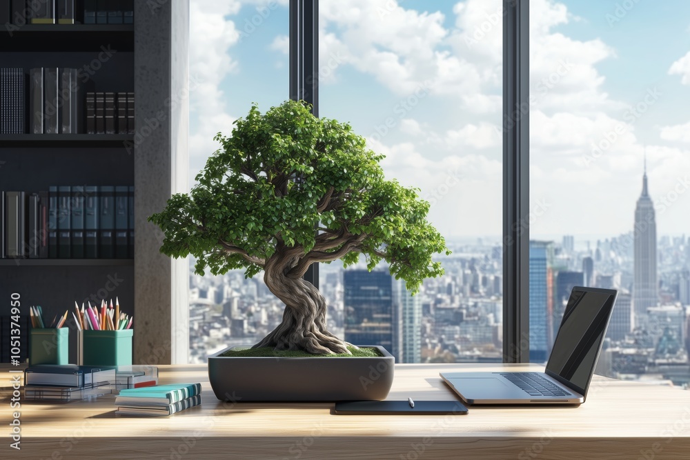 Fototapeta premium Bonsai tree on desk beside laptop, merging nature with urban workspace