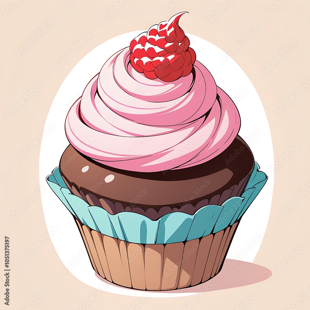 Delicious cupcake with pink frosting and cherry on top vector illustration Delicious cupcake with pink frosting and cherry on top vector illustration