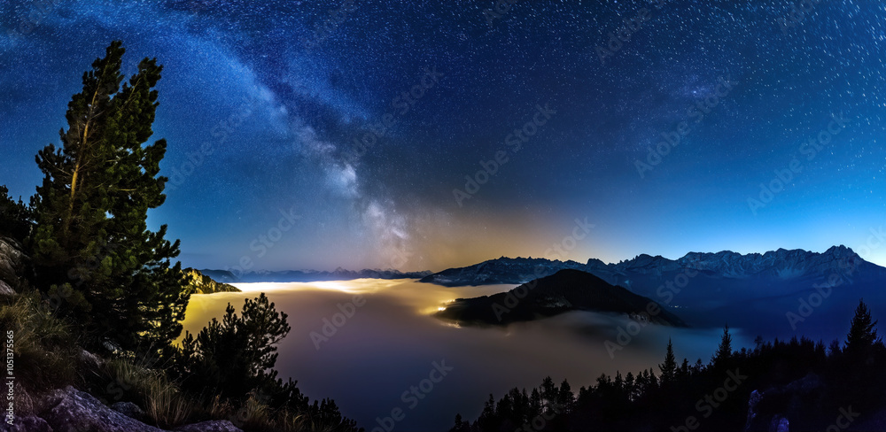 Milky Way illuminating a fog-covered valley with trees and distant mountain peaks. Panoramic night landscape with clear starry sky and mountain silhouettes Milky Way illuminating a fog-covered valley with trees and distant mountain peaks. Panoramic night landscape with clear starry sky and mountain silhouettes