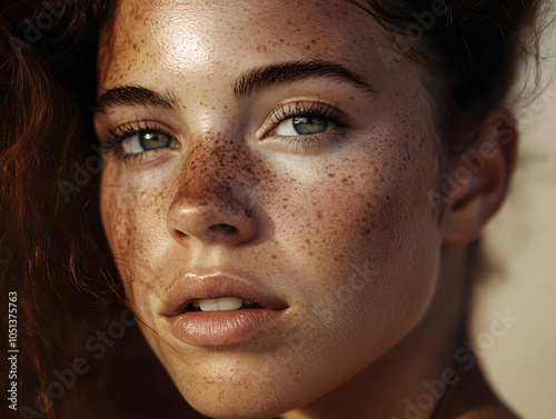 A closeup portrait of a woman with clear skin without makeup with radiant, smooth skin