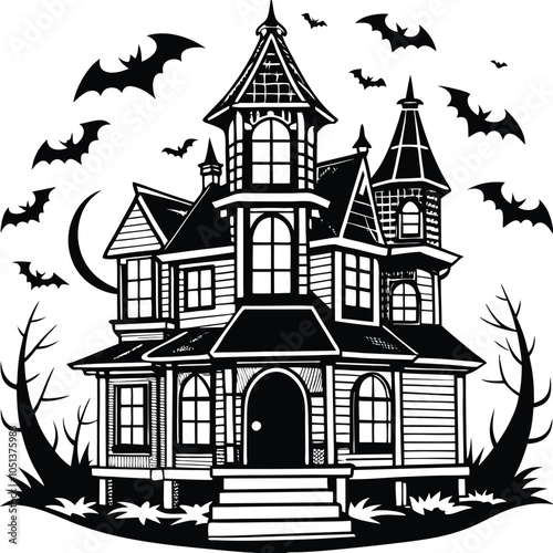 Haunted House vector silhouette icon with Transparent Background Clipart.