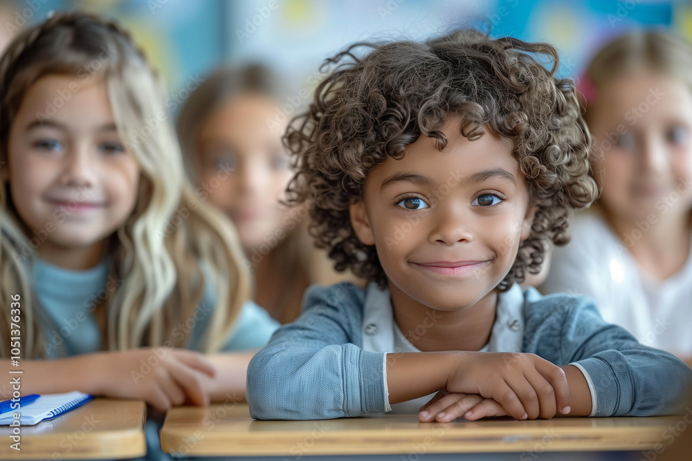 An Engaging Image of a Diverse Group of Young Children Smiling Happily in a Classroom Setting An Engaging Image of a Diverse Group of Young Children Smiling Happily in a Classroom Setting