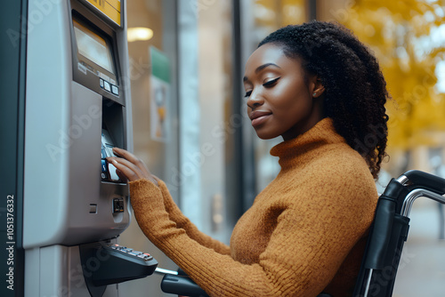 A Disabled Person in wheelchair in front of an atm and bank photo