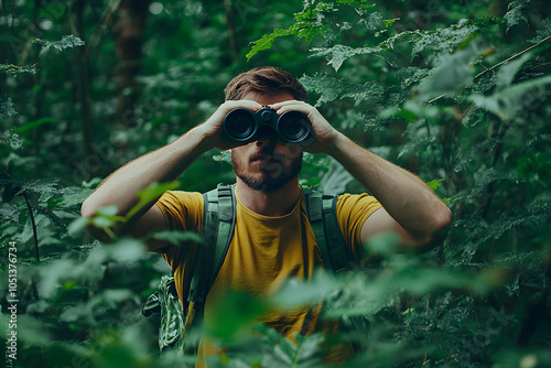 A man in nature around green trees looking through binoculars 