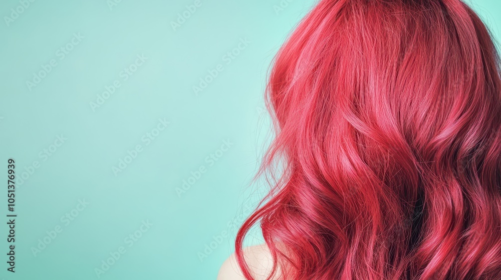 Naklejka premium A woman with long, wavy red hair seen from behind, outdoors against a blurred green bokeh background, symbolizing nature and beauty.