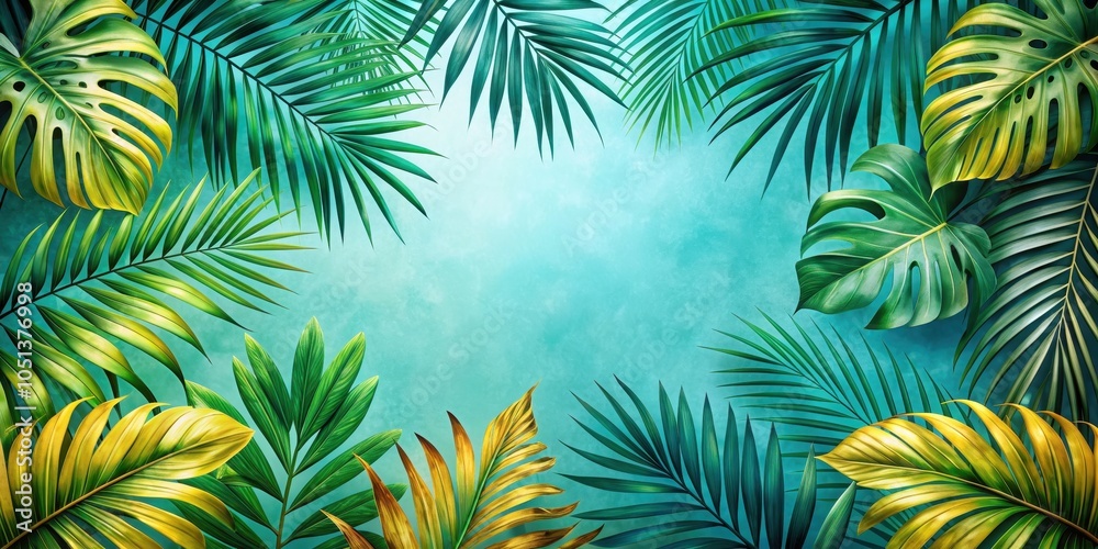 Exotic tropical background with painted palm leaves, Exotic, tropical, colorful, bright, background, painted Exotic tropical background with painted palm leaves, Exotic, tropical, colorful, bright, background, painted