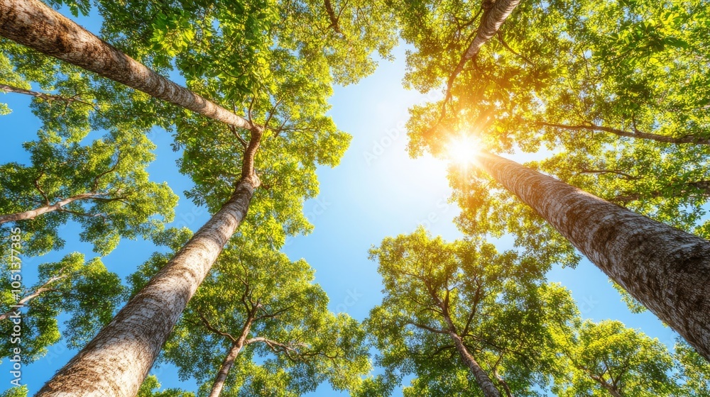 Fototapeta premium View of a forest canopy with sunlight filtering through the leaves.