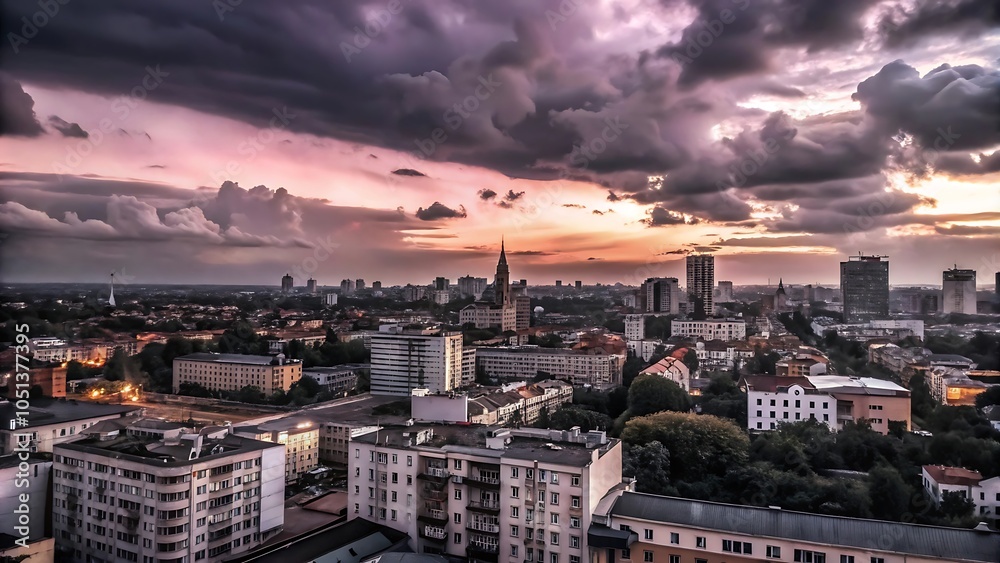 Fototapeta premium City under a cloudy sky during the pink sunset in the evening