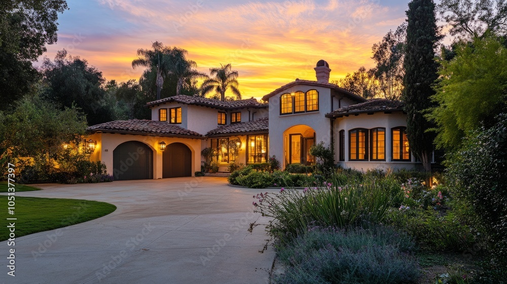 Beautiful home shining under sunset light, with a picturesque garden and tidy driveway Beautiful home shining under sunset light, with a picturesque garden and tidy driveway