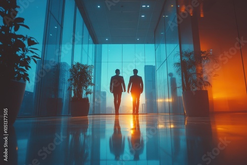 Two people walking in a building with a bright light