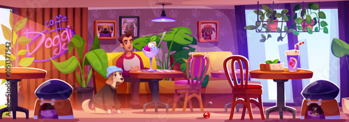 Cozy dog friendly cafe interior. Man sitting at table with his puppy enjoying ice cream dessert. Cartoon vector cafeteria indoor with cute pet portraits on wall, plants in pot, animals toys and houses