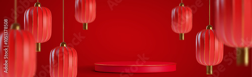 Chinese New Year or Asian festival sale or presentation with red cylinder product podium or scene, hanging paper lanterns with gold details in studio room interior. Realistic 3d oriental greeting bg.