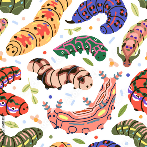 Seamless caterpillar pattern. Cute colorful insects, butterfly larva crawling, endless background. Repeating print, nature texture for textile, fabric, wrapping design. Flat vector illustration