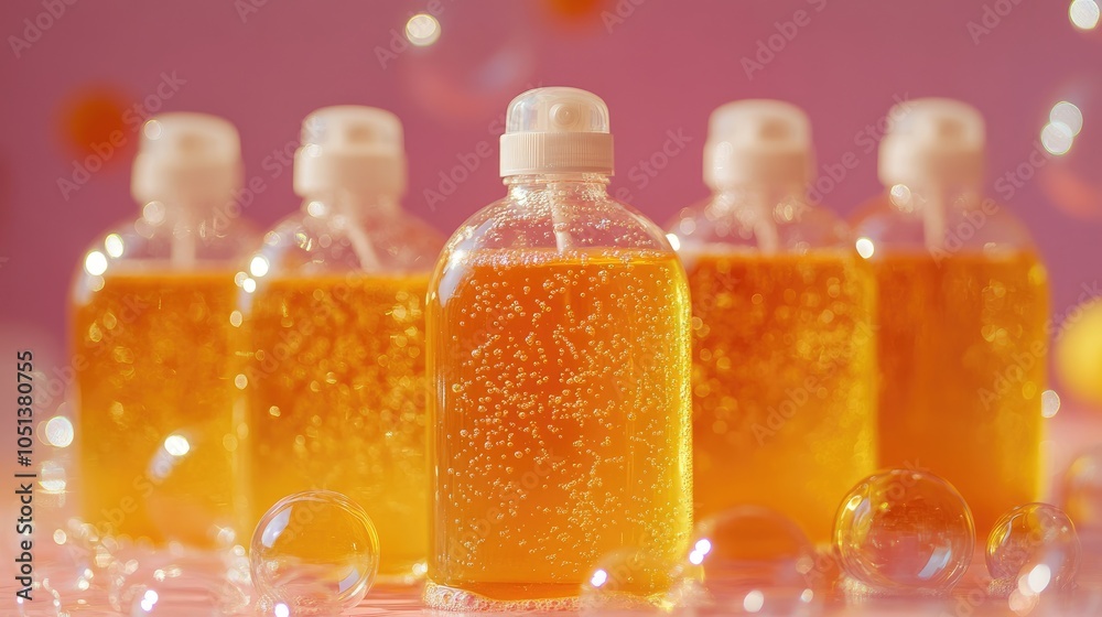 Five clear bottles of yellow liquid with bubbles on a pink background. Five clear bottles of yellow liquid with bubbles on a pink background.