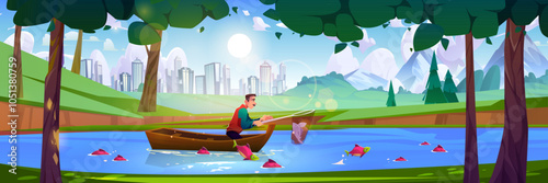 Fisherman in wooden boat on lake surrounded by lush landscape catching fish with net, city skyline and mountains in background. Fish jumping near vessel. Outdoor recreation and active vacation.