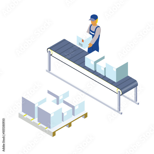 Isometric workers on conveyor belt. Delivery service concept. Parcels on conveyor. vector illustrations.