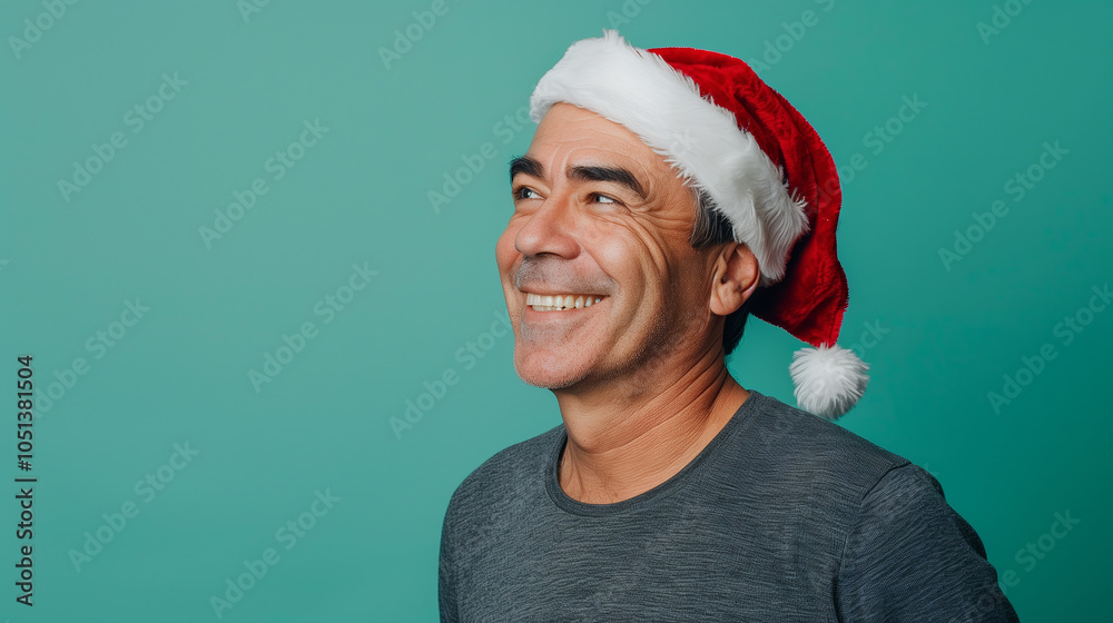 Portrait of a man in santa hat on soft background.