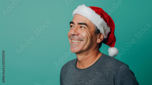 Obraz na płótnie Portrait of a man in santa hat on soft background. w salonie