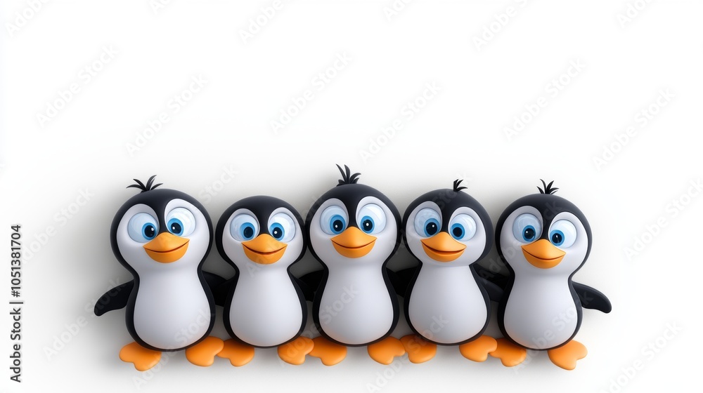 Fototapeta premium Cute Cartoon Penguins in a Row Winter Animal Friends White Background