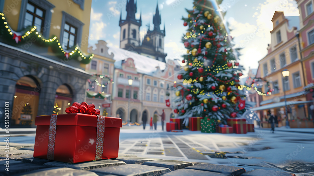 Christmas decorations and christmas tree and gifts on the street of the old town.