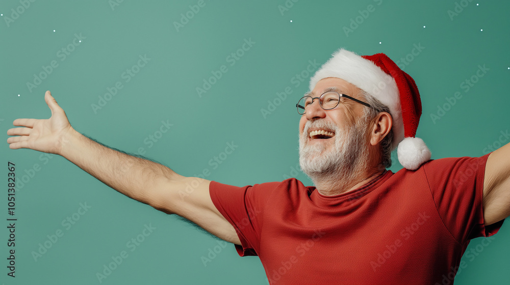 Portrait of a man in santa hat on soft background.