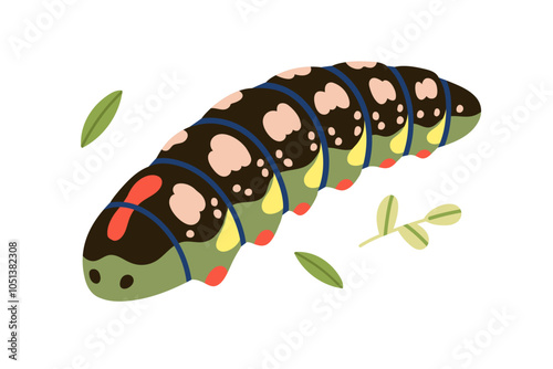 Caterpillar crawling. Fat butterfly larva and leaf. Larval body in nature. Th...