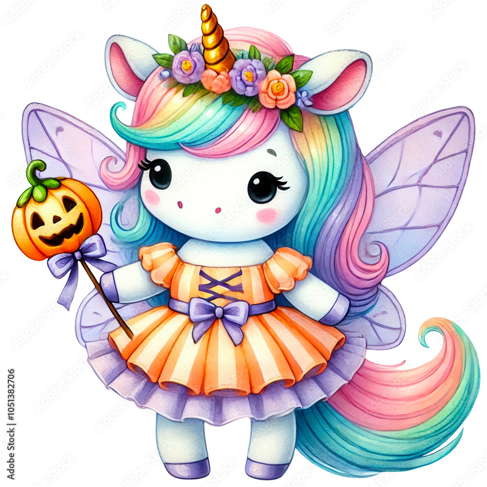 Naklejka premium Cute Halloween Unicorns in Festive Costumes, Adorable cartoon unicorns dressed in various Halloween costumes, holding pumpkins and candy, surrounded by Halloween-themed elements like bats and lantern