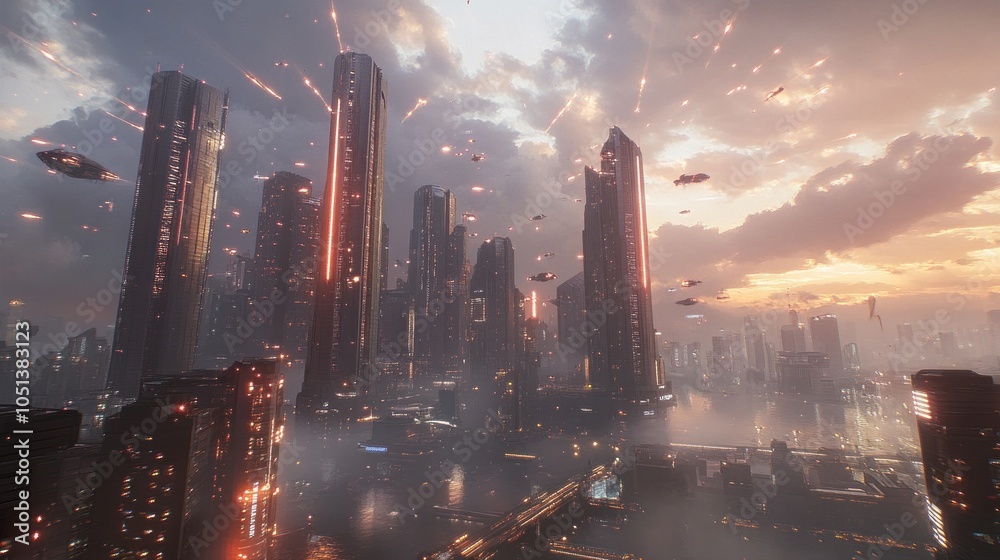 Obraz premium Futuristic Cityscape at Sunset