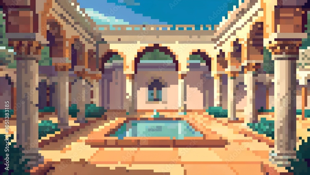 Courtyard of Arabic palace with arched columns during daytime pixel art ...