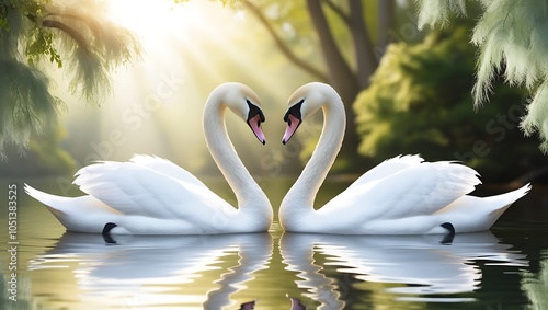 Immerse yourself in the enchanting beauty of this stunning image featuring two swans gracefully forming a heart shape with their necks as they float serenely on a glassy lake. 