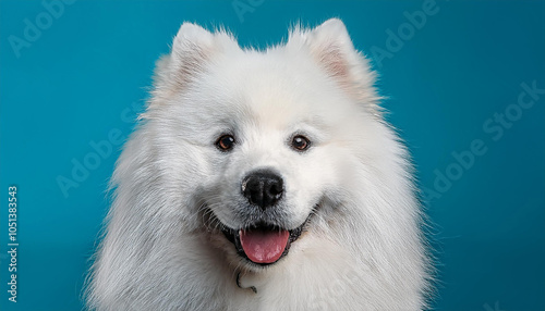 portrait of a dog,White dog with black spots is smiling and has its tongue out. The dog is looking at the camera. A whimsical pastel portrait of a beloved pet dog with an open mouth and vibrant red sp