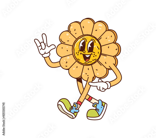 Cartoon groovy cookie, pastry and bakery character. Isolated vector happy sweet dessert personage in shape of flower wearing sneakers, flashing rock sign with cheerful expression, exuding quirky vibes