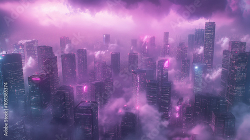 Wallpaper Mural A cityscape with a purple sky and neon lights Torontodigital.ca