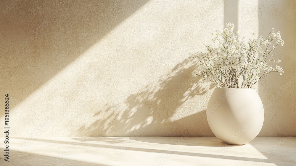 Minimalist beige wall with sunlight and vase with white flowers. Minimalist beige wall with sunlight and vase with white flowers.
