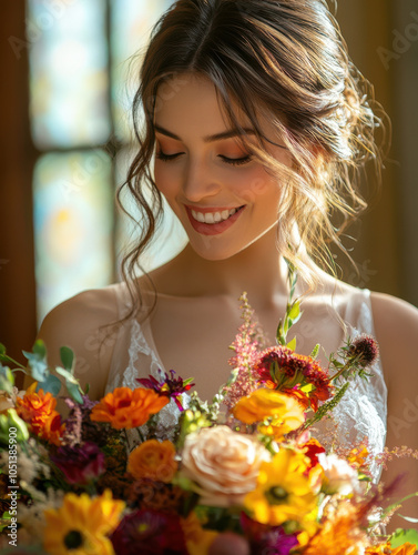 Beaurtiful bride wearing a  wedding dress, smiling and holding a bouquet of luxury flowers. photo