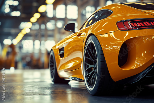 A bright yellow sports car with black wheels and a black spoiler, parked in a garage with a blurred background