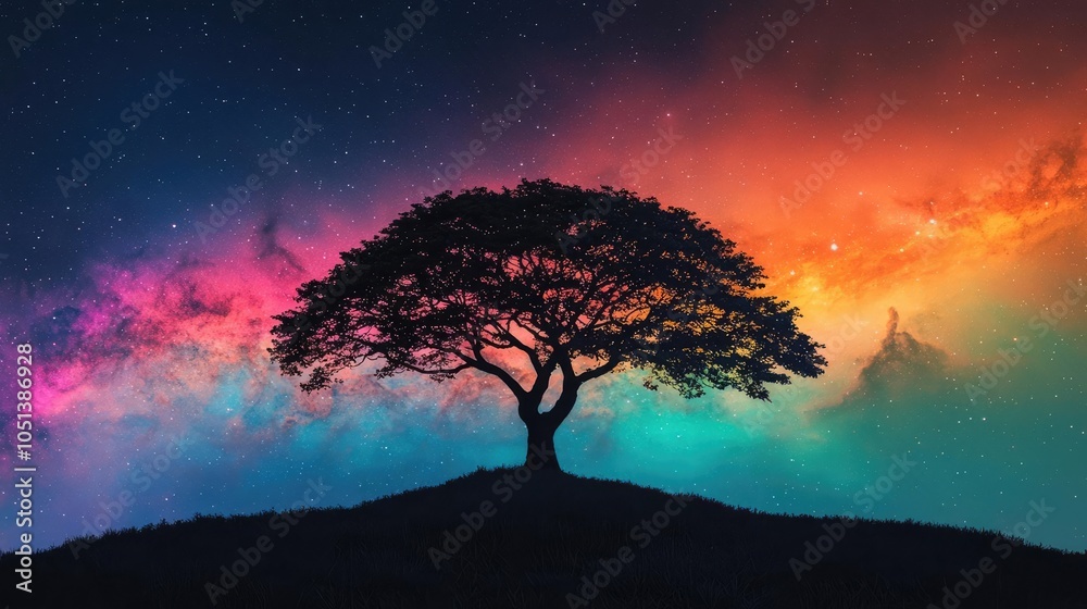 Silhouetted tree against a colorful night sky with vibrant cosmic colors. Silhouetted tree against a colorful night sky with vibrant cosmic colors.