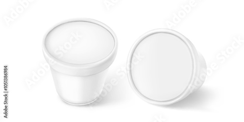 Ice cream plastic cup mockup. White yogurt package mock up. Food container with lid top and side view template. Blank dessert jar for gelato or sauce product. Empty dairy bucket pack isolated design