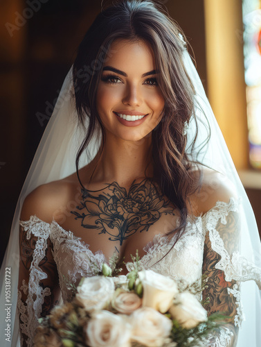 Beaurtiful bride wearing a  wedding dress, smiling and holding a bouquet of luxury flowers. photo